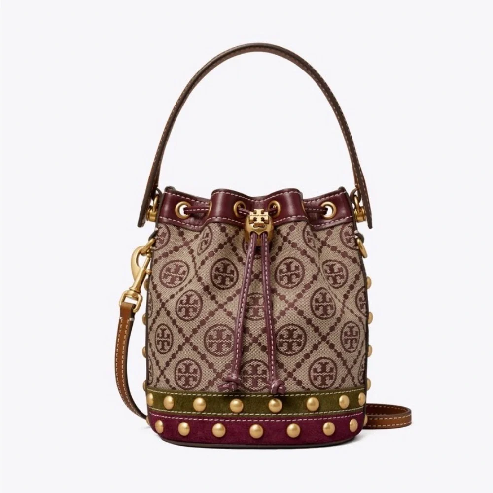 NWT! NEW Tory Burch T Monogram Jacquard Studded Mini Bucket Bag -multi leather